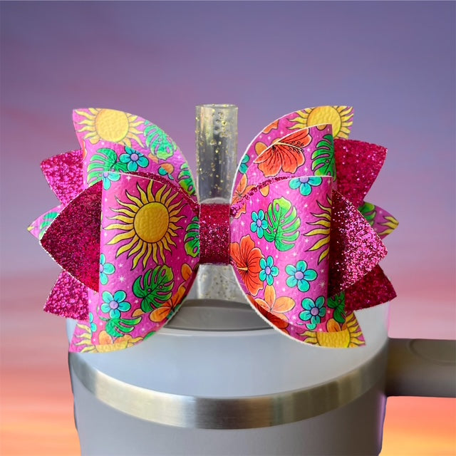 Leather Bow, Summer, Tropical Floral with Hot Pink Glitter