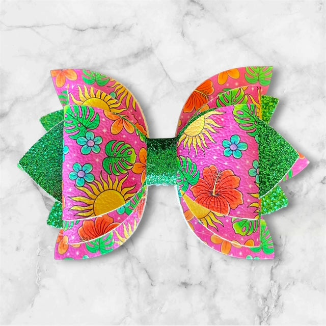 Leather Bow, Summer, Tropical Floral with Green Glitter