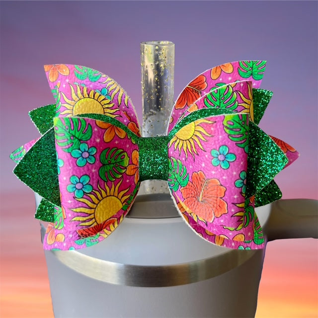 Leather Bow, Summer, Tropical Floral with Green Glitter