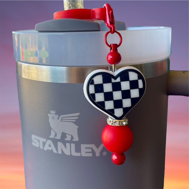 Straw Charm, Checker Heart, Red Bead
