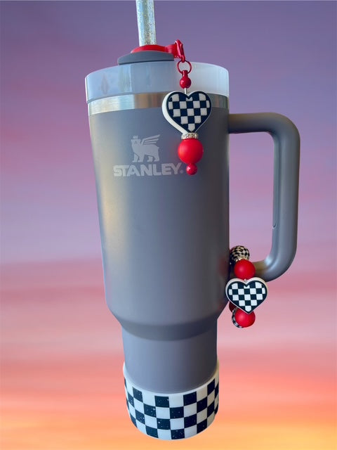Straw Charm, Checker Heart, Red Bead