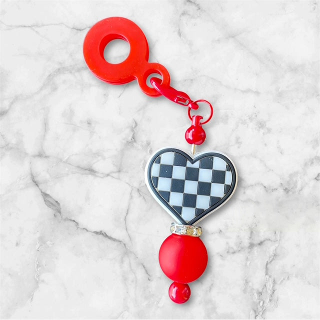 Straw Charm, Checker Heart, Red Bead