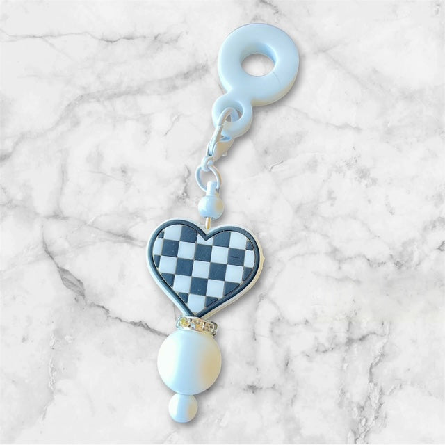 Straw Charm, Checker Heart, White Bead