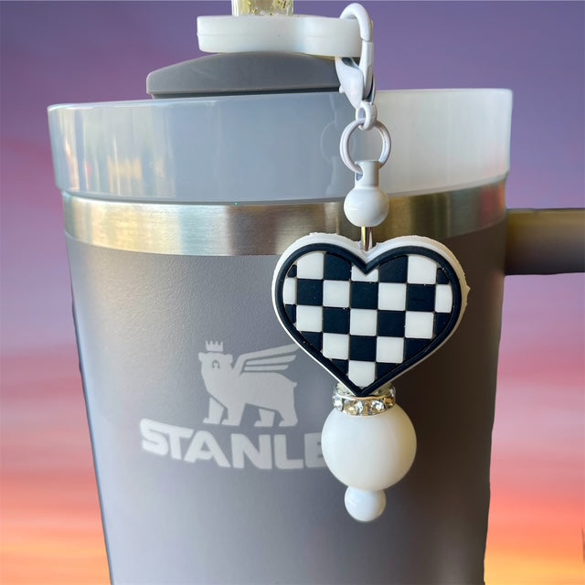 Straw Charm, Checker Heart, White Bead