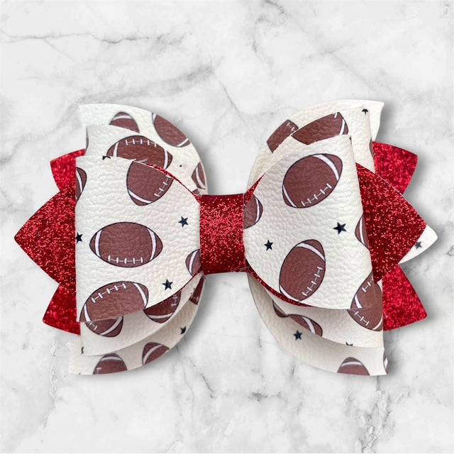 Leather Bow, Sport Bow, Football with Red Glitter