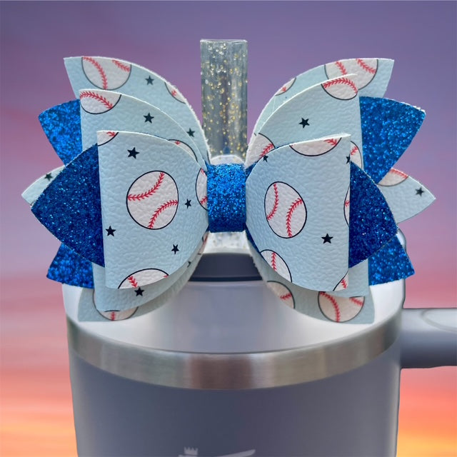 Leather Bow, Sport Bow, Baseball with Blue Glitter