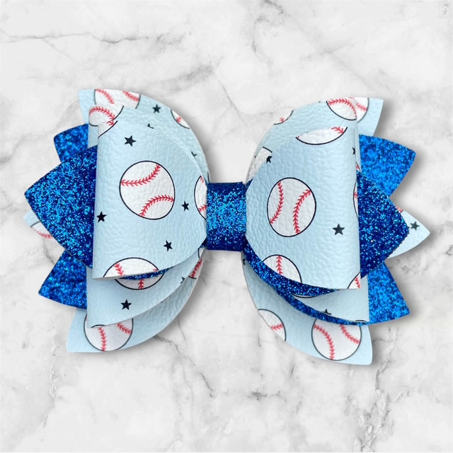 Leather Bow, Sport Bow, Baseball with Blue Glitter