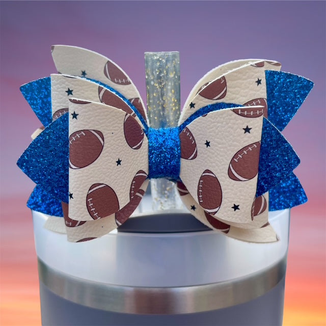 Leather Bow, Sport Bow, Football with Blue Glitter