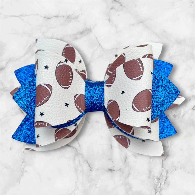Leather Bow, Sport Bow, Football with Blue Glitter