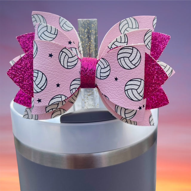 Leather Bow, Sport Bow, Volleyball with Hot Pink Glitter