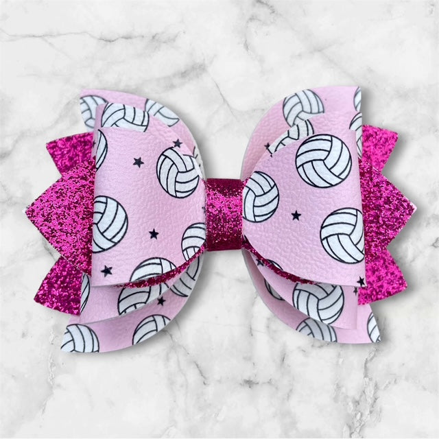 Leather Bow, Sport Bow, Volleyball with Hot Pink Glitter