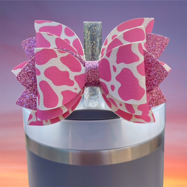 Leather Bow, Pink Cow Print, Pink Glitter