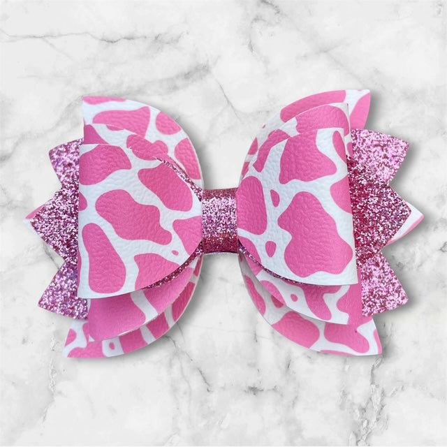 Leather Bow, Pink Cow Print, Pink Glitter