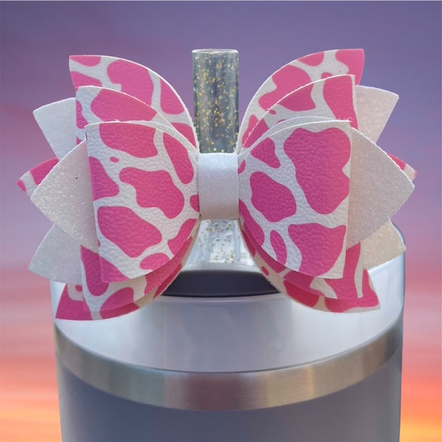 Leather Bow, Pink Cow Print, White Glitter
