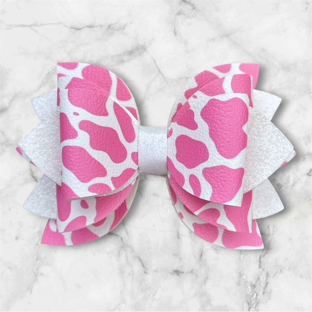 Leather Bow, Pink Cow Print, White Glitter