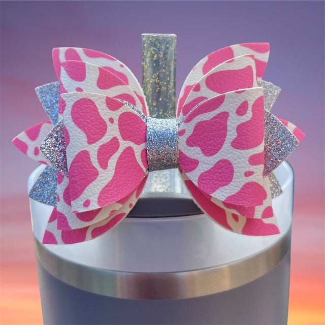 Leather Bow, Pink Cow Print, Silver Glitter