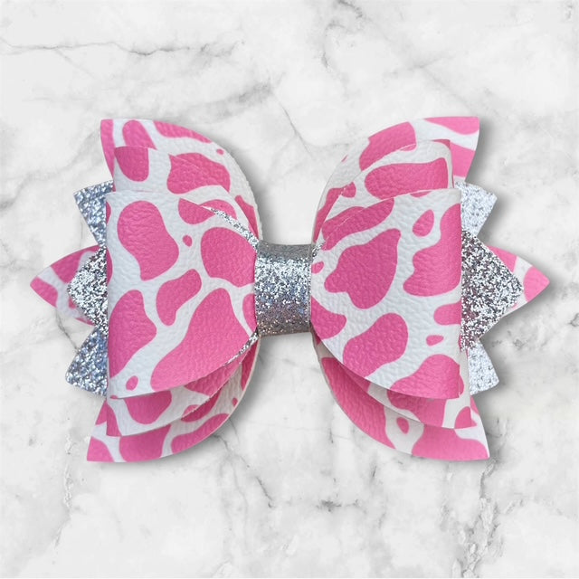 Leather Bow, Pink Cow Print, Silver Glitter