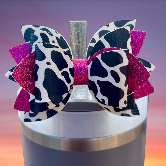Leather Bow, Black Cow Print, Hot Pink Glitter