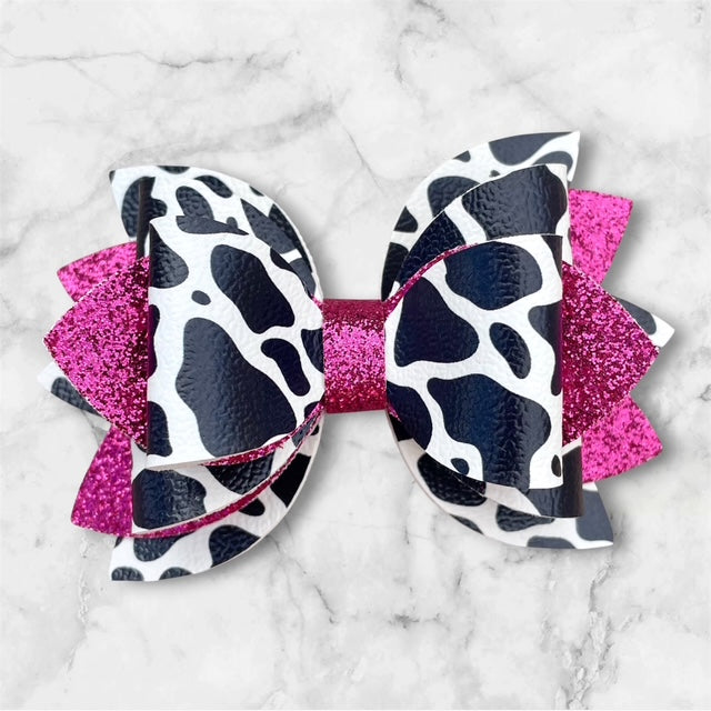 Leather Bow, Black Cow Print, Hot Pink Glitter