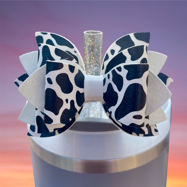 Leather Bow, Black Cow Print, White Glitter