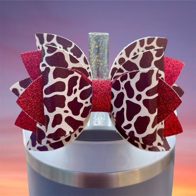 Leather Bow, Brown Cow Print, Red Glitter