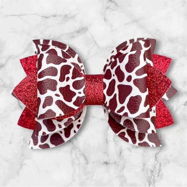 Leather Bow, Brown Cow Print, Red Glitter