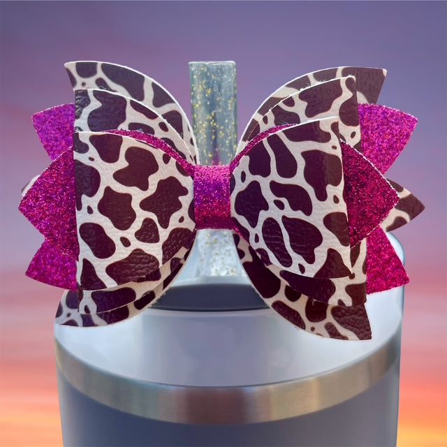 Leather Bow, Brown Cow Print, Hot Pink Glitter