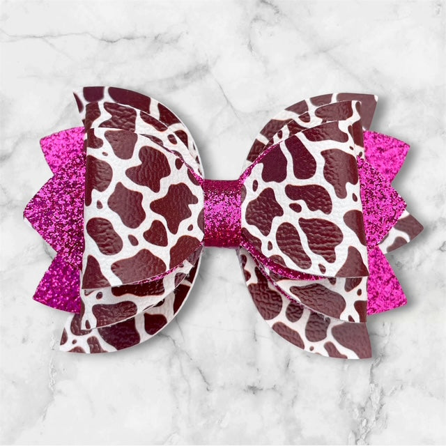 Leather Bow, Brown Cow Print, Hot Pink Glitter
