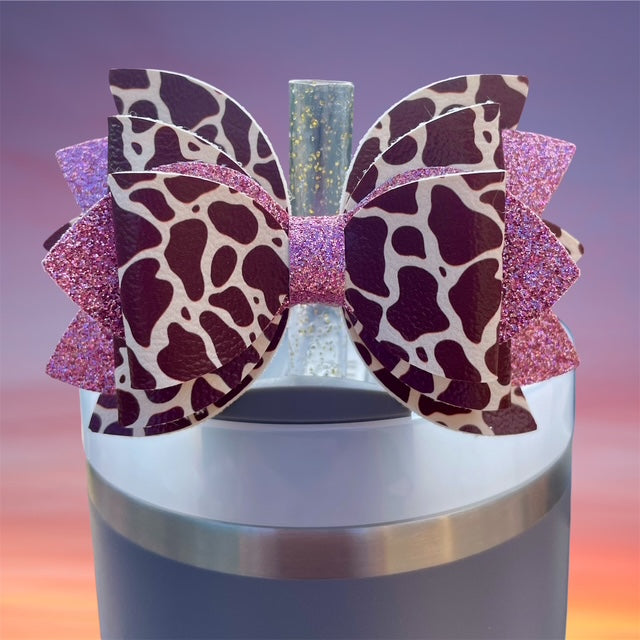 Leather Bow, Brown Cow Print, Pink Glitter