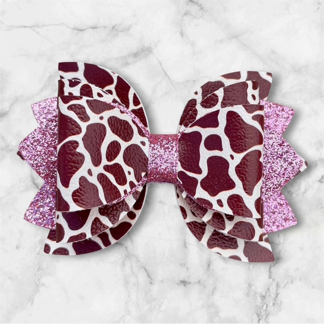 Leather Bow, Brown Cow Print, Pink Glitter