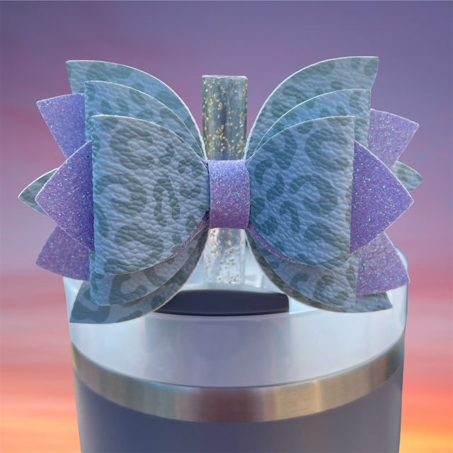 Leather Bow, Gray Leopard and Lavender Glitter