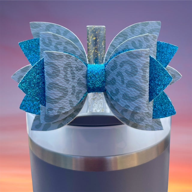 Leather Bow, Gray Leopard and Teal Glitter