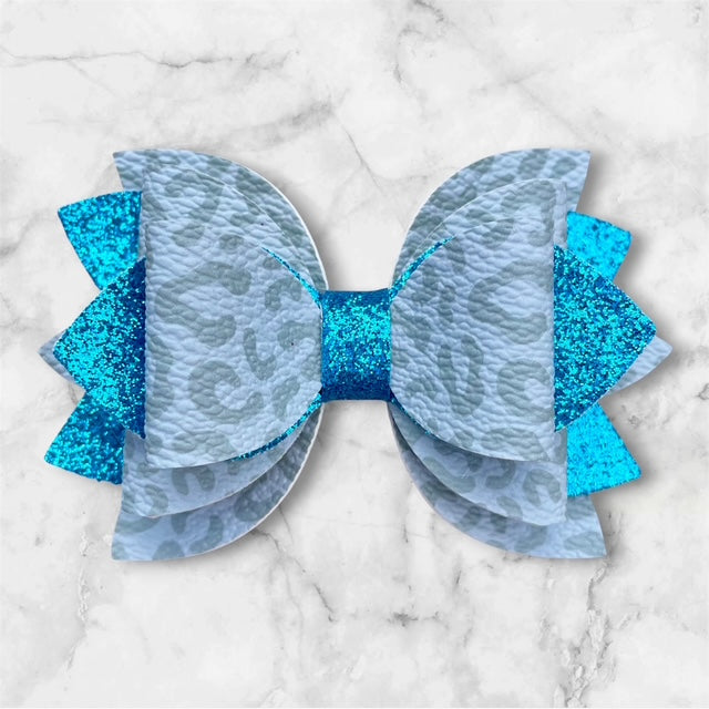 Leather Bow, Gray Leopard and Teal Glitter