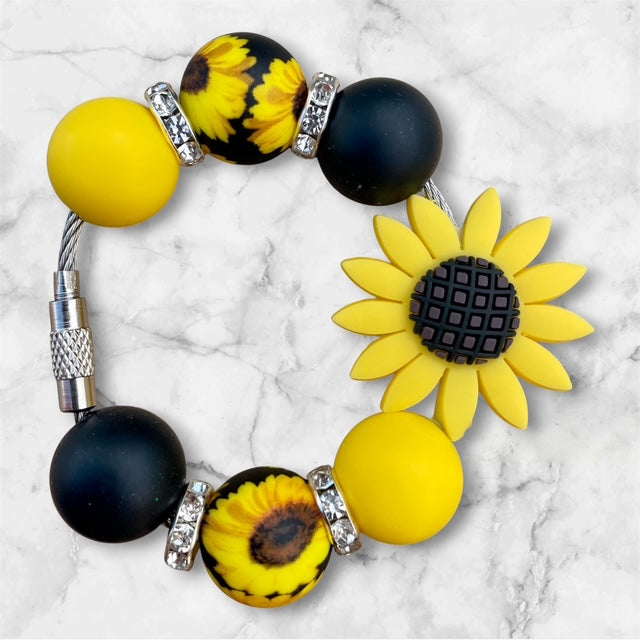 Handle Charm, Sunflower Focal, Sunflower Print Beads, Black and Yellow