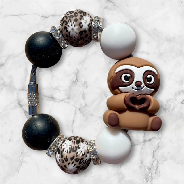 Handle Charm, Brown Sloth Focal with Black and White Beads