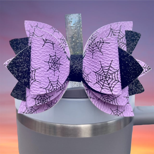 Leather Bow, Purple Halloween with Black Spider Webs