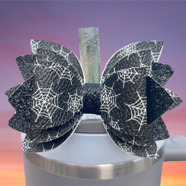 Leather Bow, Black Halloween with White Spider Webs