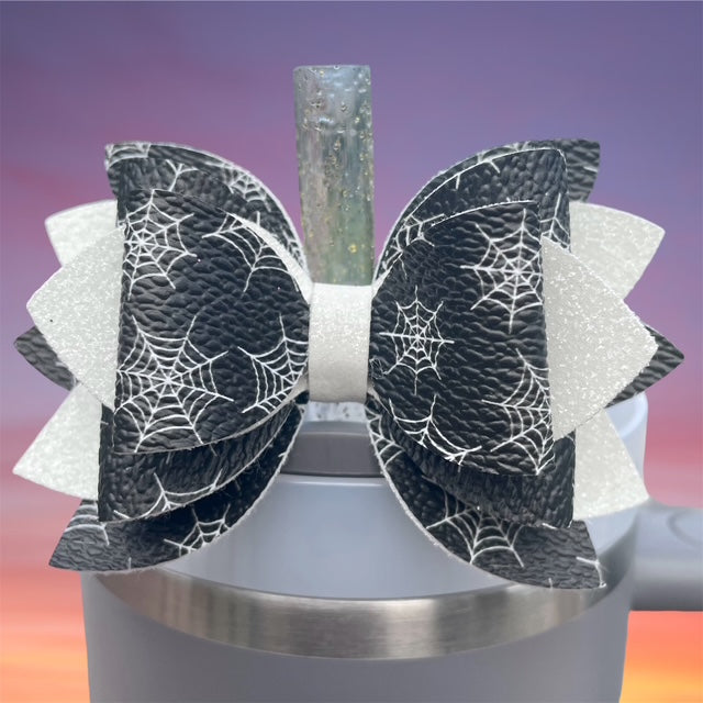 Leather Bow, Black Halloween with White Spider Webs