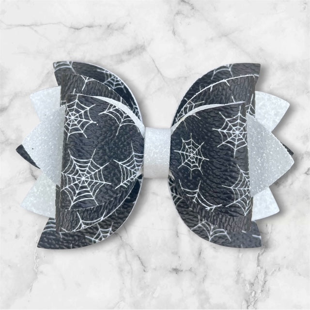 Leather Bow, Black Halloween with White Spider Webs
