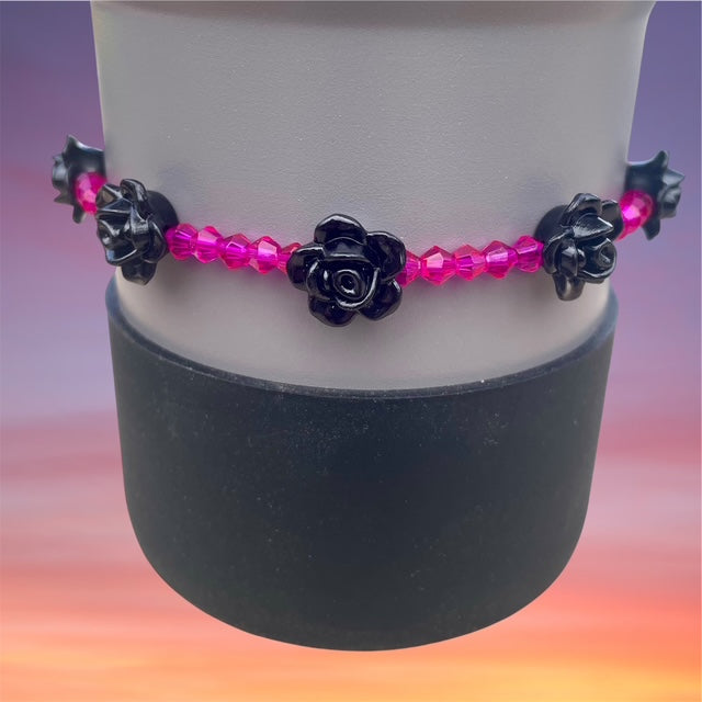 Single Tumbler Bracelet, Black Roses and Pink beads