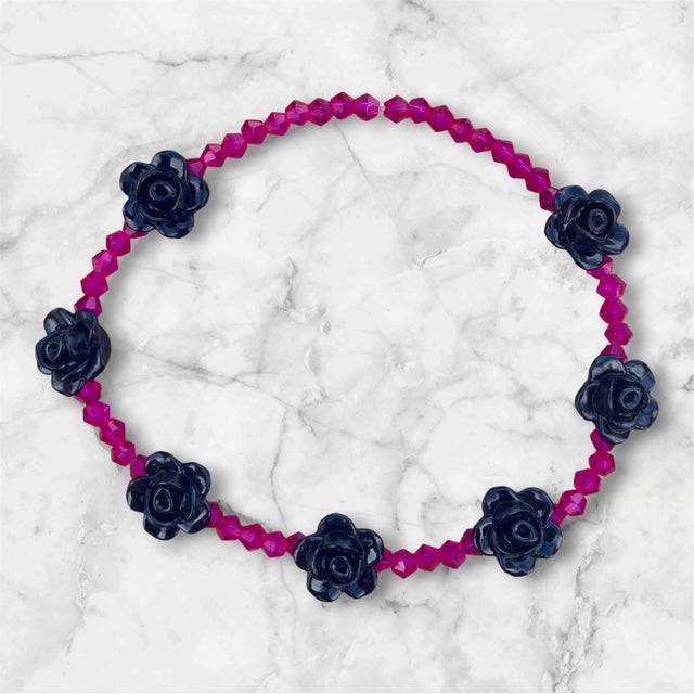 Single Tumbler Bracelet, Black Roses and Pink beads