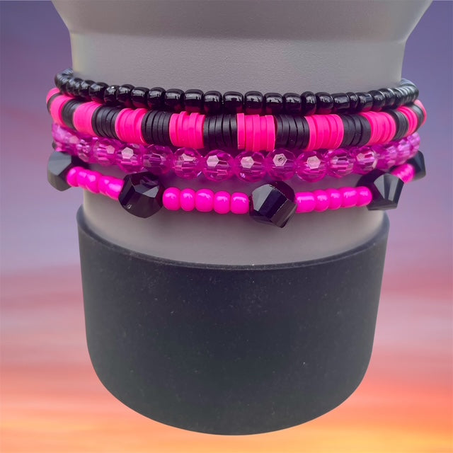 Tumbler Bracelet Stack, Hot Pink and Black Beads