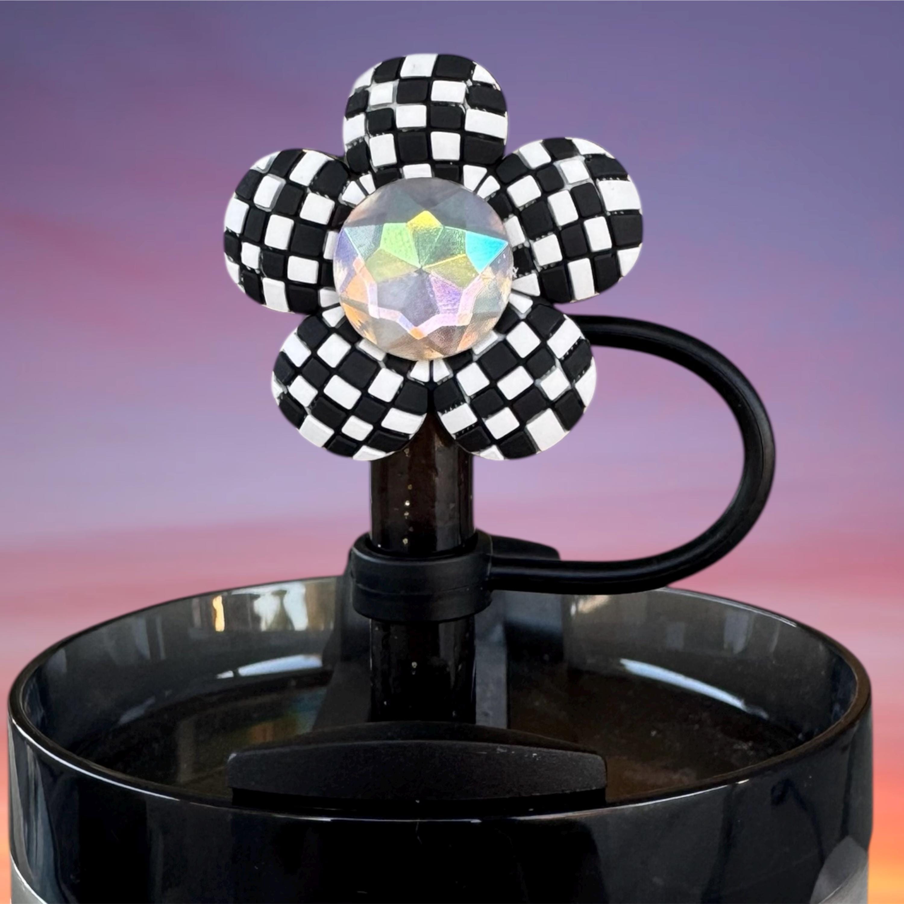Straw Topper, Black and White Checker Daisy
