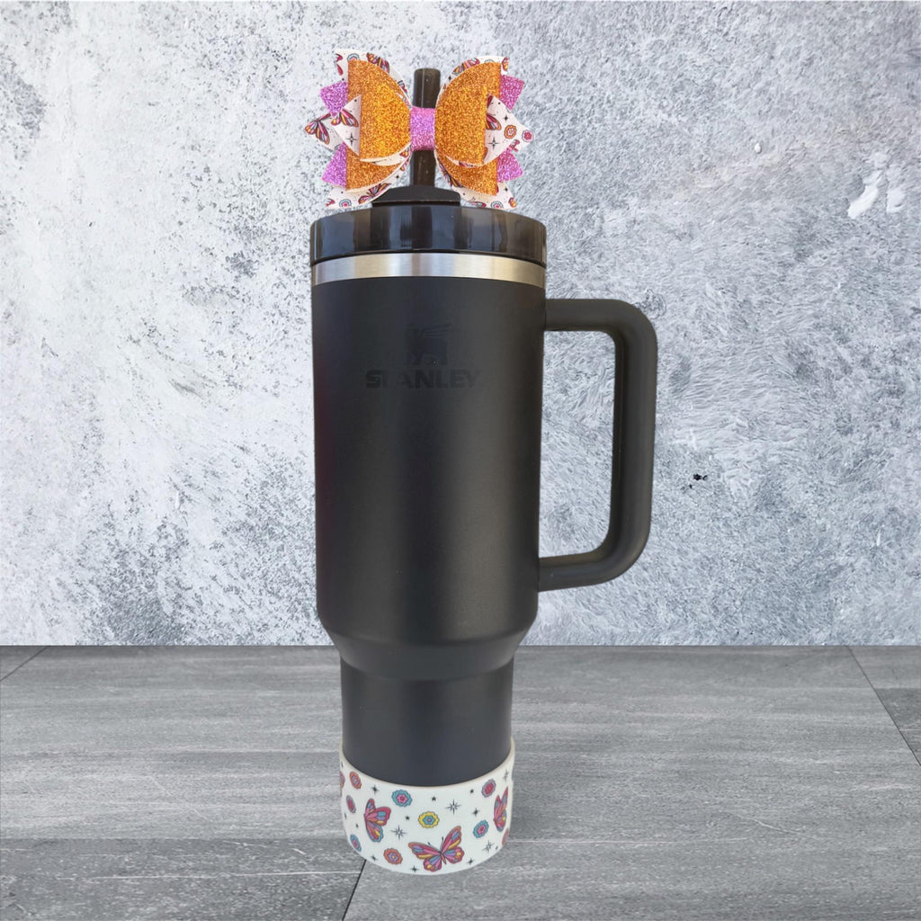 Leather Bow, Butterflies, Orange and Pink Glitter