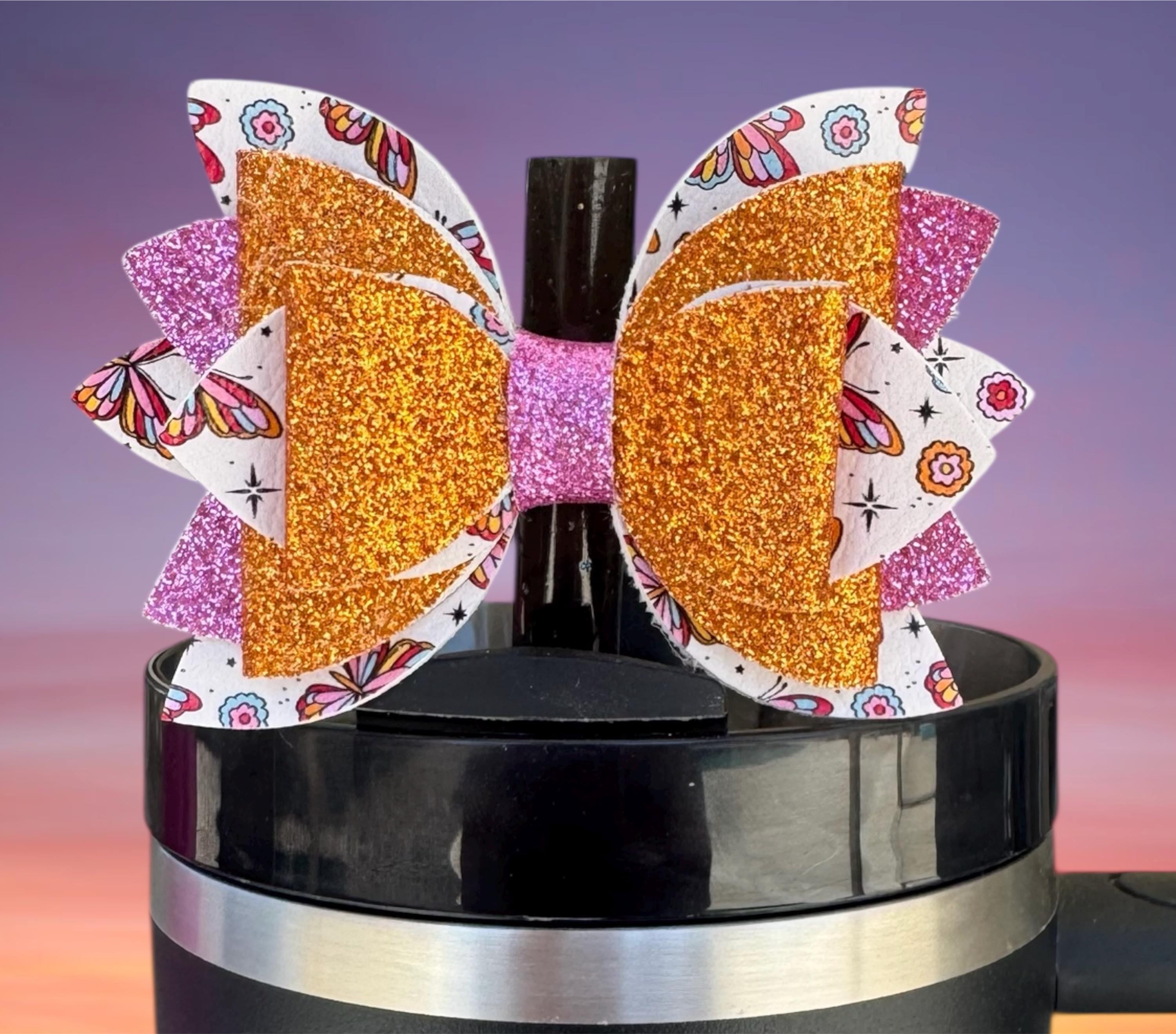 Leather Bow, Butterflies, Orange and Pink Glitter