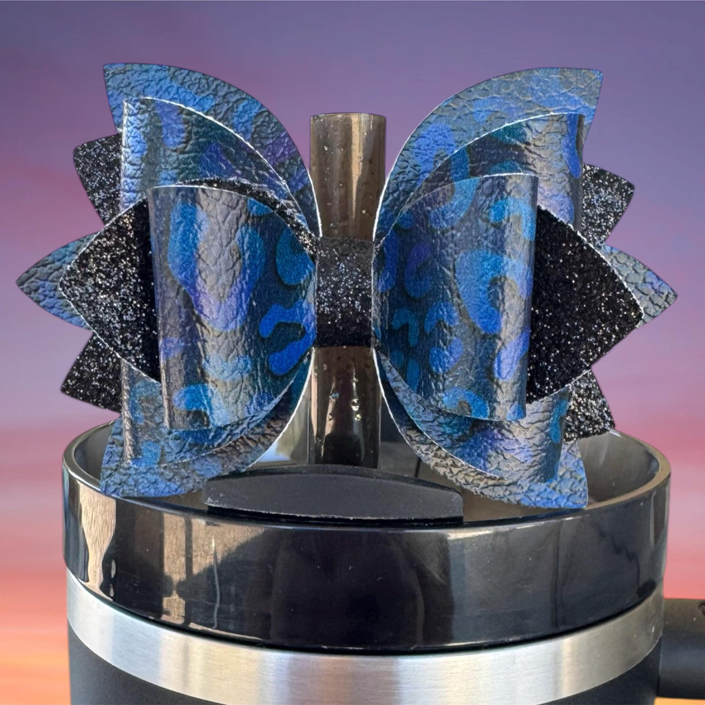 Leather Bow, Blue Leopard and Black Glitter