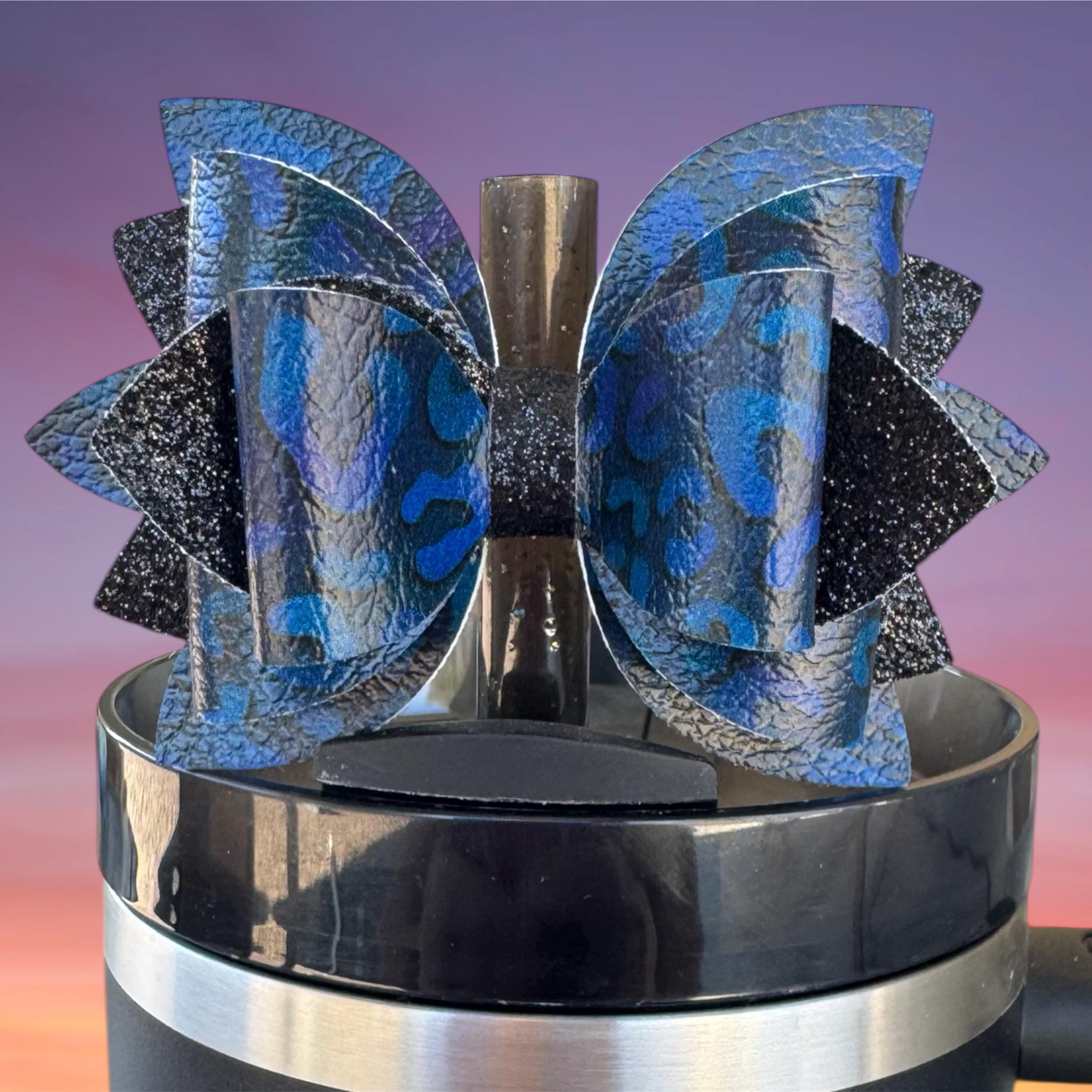 Leather Bow, Blue Leopard and Black Glitter