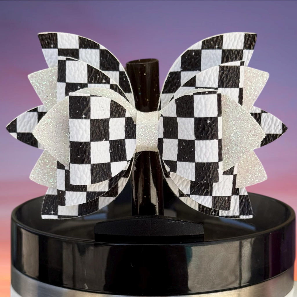 Leather Bow, Galaxy Checkers and White Glitter