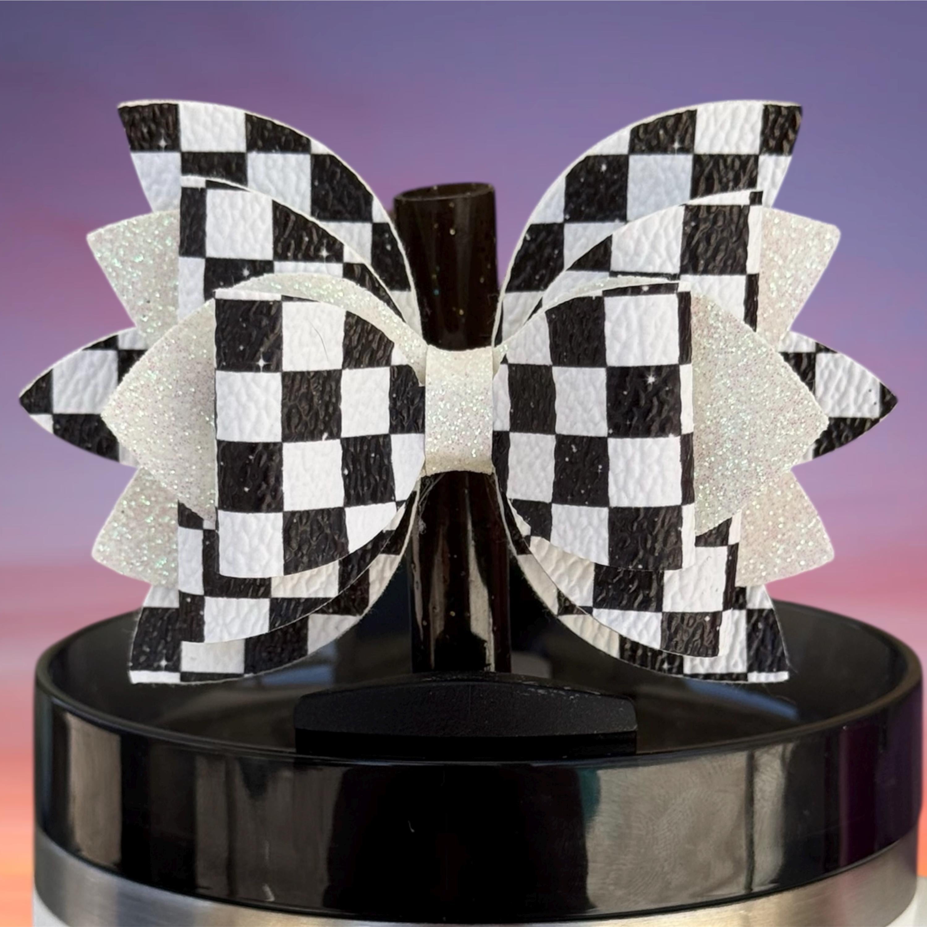 Leather Bow, Galaxy Checkers and White Glitter