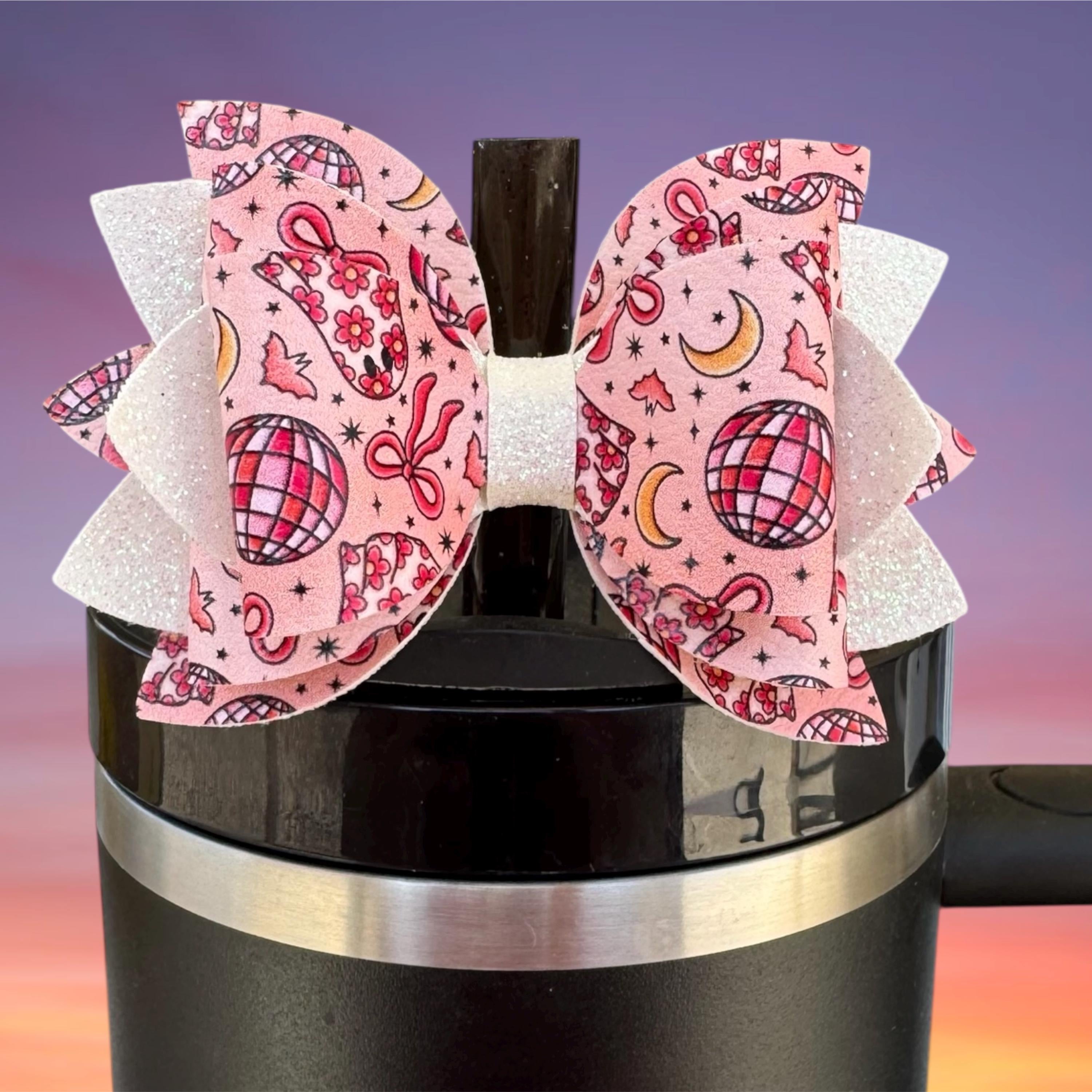 Leather Bow, Pink Halloween and White Glitter